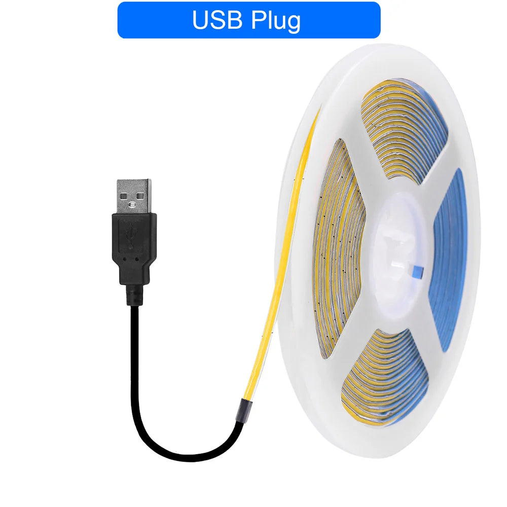 DC 5V USB COB LED Strip Light 320 LED/m 3mm PCB CRI 90 IP33 0.5m to 5m Warm White Natural White Cool White Red Blue Pink Ice Blue Dimmable Flexible Tape