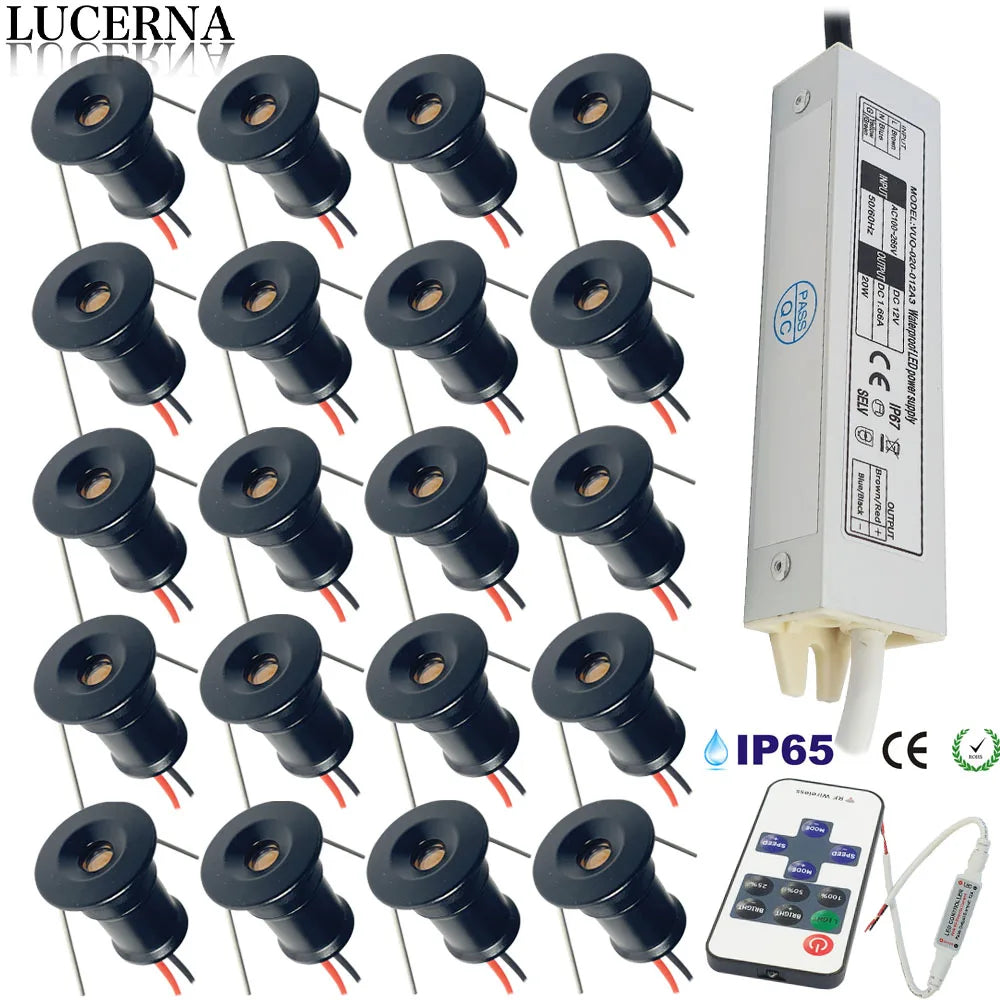 DC 12V Mini LED Spotlight Kit 1W 9-18 Pack Epistar IP65 15mm Cutout Dimmable Remote