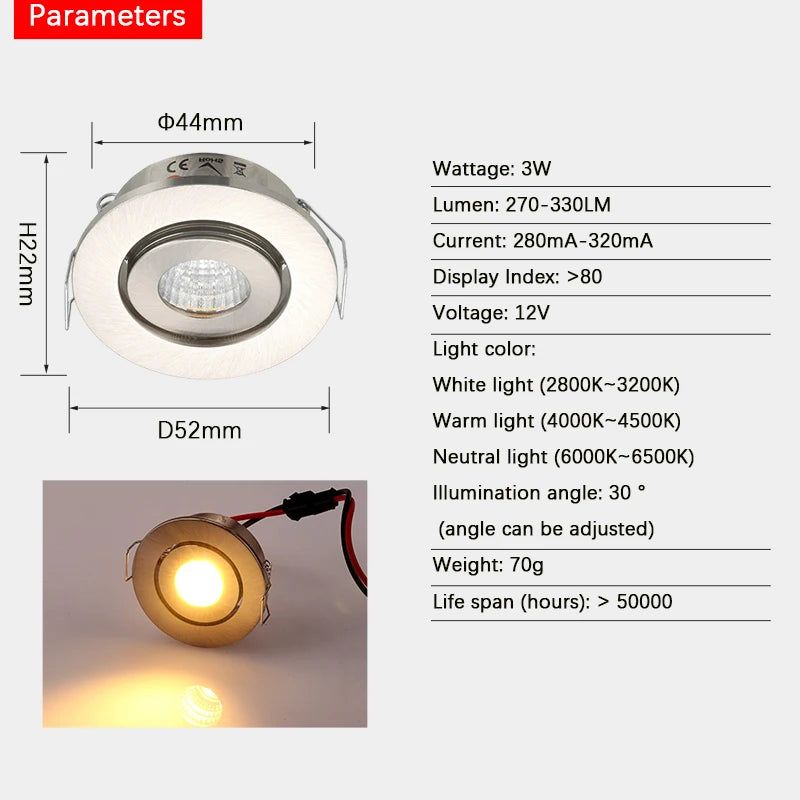 Mini 3W COB LED Recessed Spotlight DC12V 24V 52mm 270-300lm Satin Nickel 42mm Cutout 10 Pack