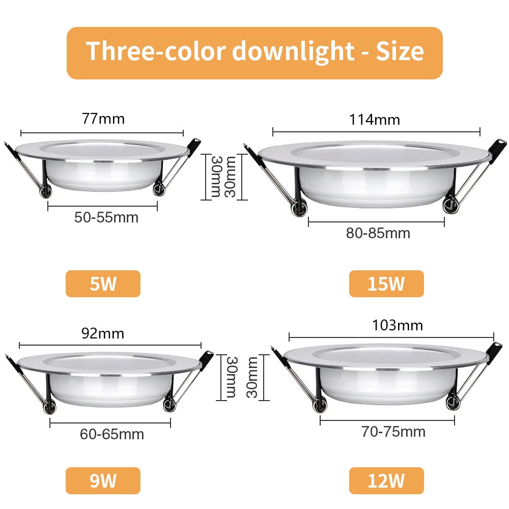 LED Recessed Downlight 5W 9W 12W 15W Aluminum CRI 80 Single Color or 3 Color Switching AC 110V or 220V 6 Pack or 12 Pack Round Ceiling Spot