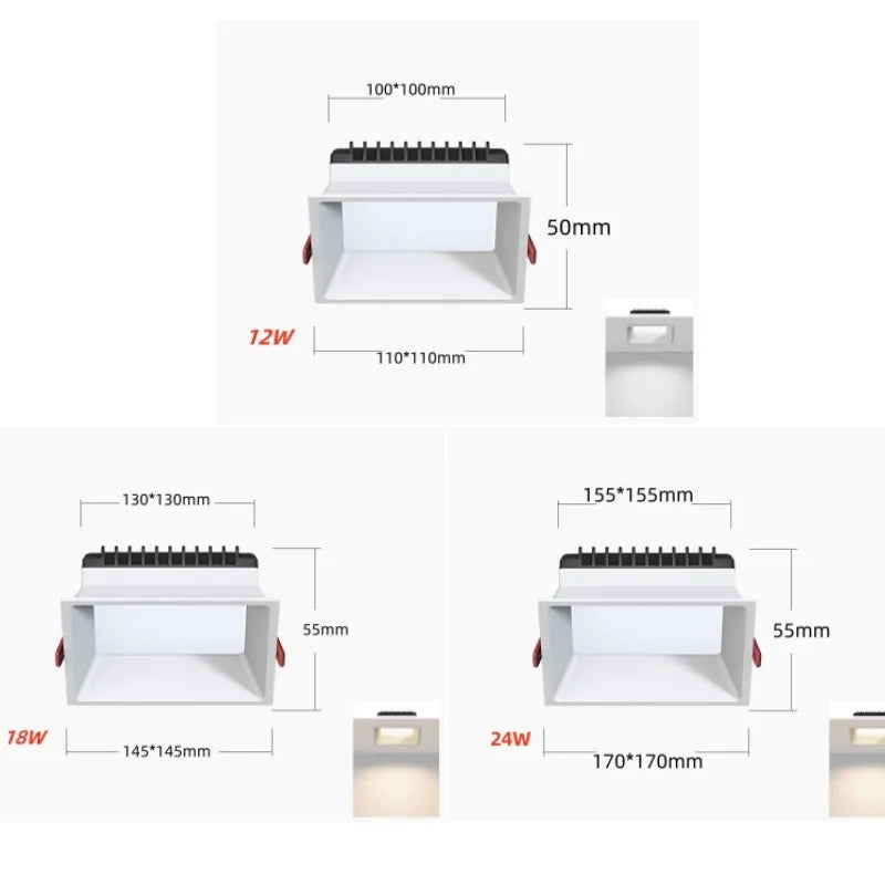 Dimmable Epistar LED Square Panel Downlight 12W 18W 24W 100lm/W 180° AC 110-240V Black White