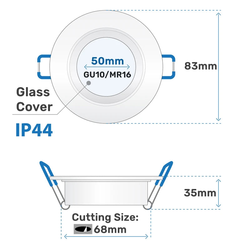GU10 MR16 IP44 Recessed Ceiling Spotlight Mount Frame D83mm 68mm Cutout White Black Nickel