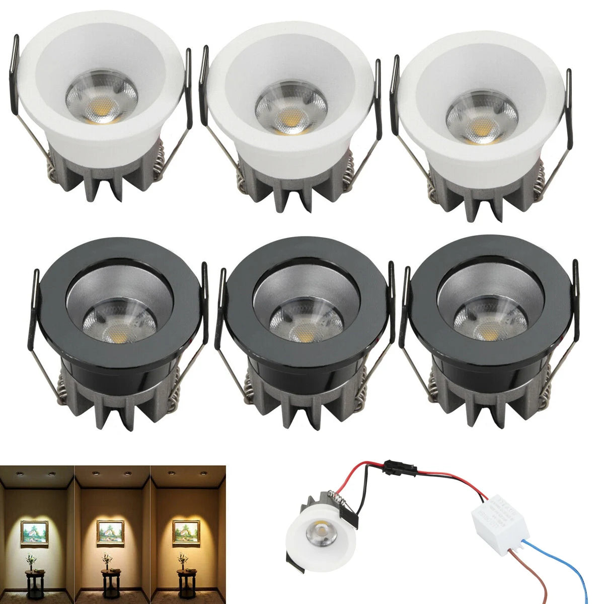 5-Pack 3W Mini COB LED Recessed Downlight 30° 280-350lm D40mm AC 85-265V Black White Driver