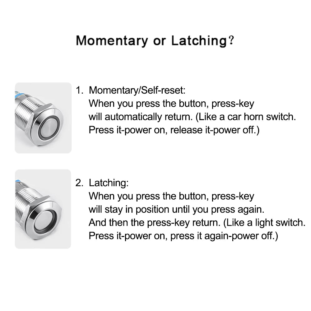 IP65 Waterproof Illuminated Metal Push Button Switch 16mm 19mm 22mm 3A Momentary or Latching LED 3-220V Black Aluminum Alloy 1NO1NC