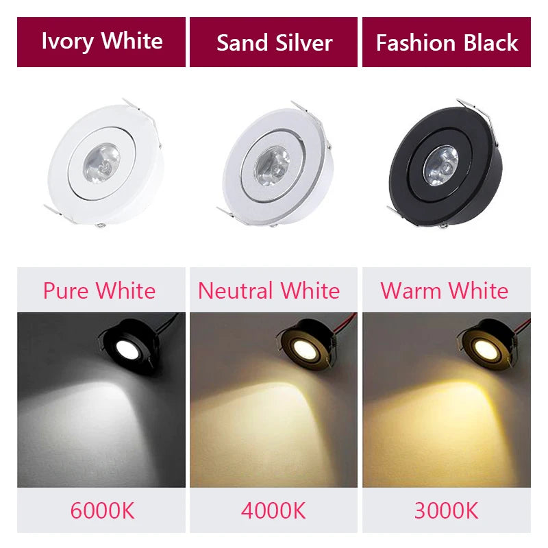 Mini Dimmable LED Recessed Downlight 1W 3W 52mm 45° CRI 80+ IP52 AC 85-265V 6 Pack