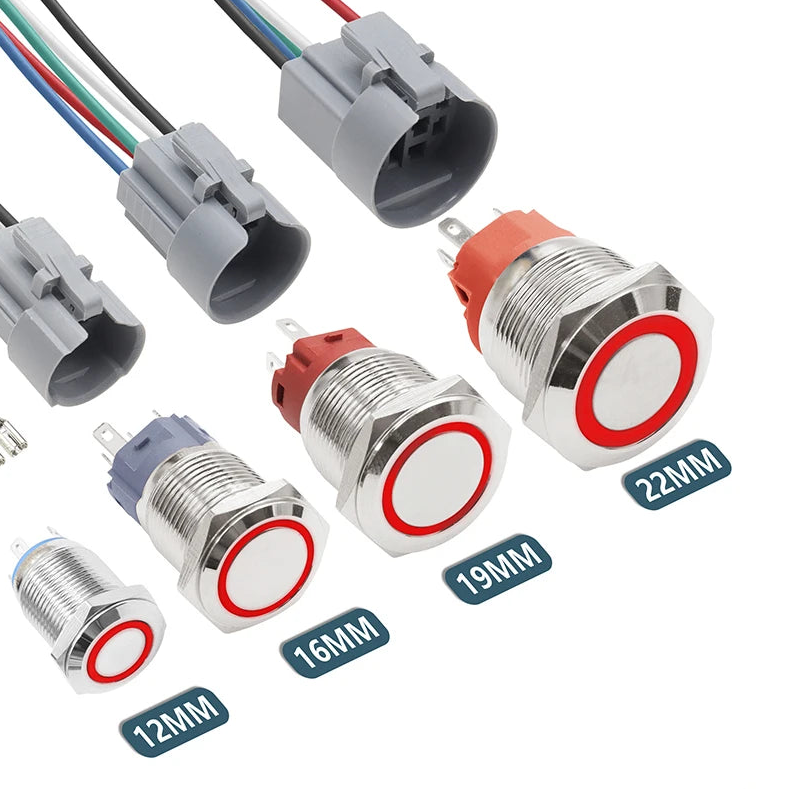 IP65 Waterproof Metal Push Button Switch 12mm 16mm 19mm 22mm 3A Copper LED Indicator 12V 24V Momentary Flat Circular Panel Mount