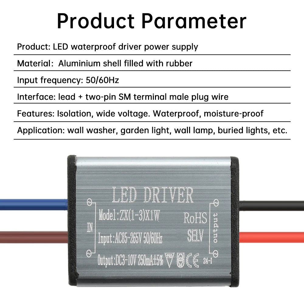 IP68 LED Waterproof Driver 250mA 1-24W AC 85-265V DC 3-80V Isolated SM Terminal Outdoor