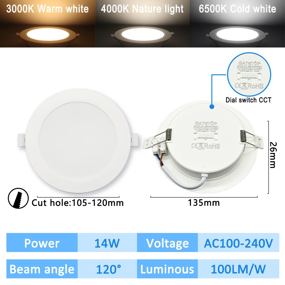 3-CCT LED Recessed Downlight 3000K 4000K 6500K Dial Switch AC 110-240V 1-10 Pack