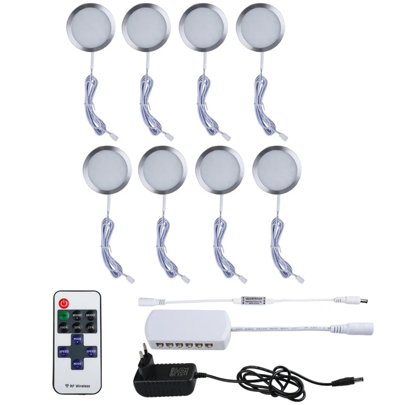 Under Cabinet LED Puck Light 2W DC 12V RF Remote Dimmable Linkable Aluminum PMMA Lens Kitchen Showcase Wardrobe Multi Pack