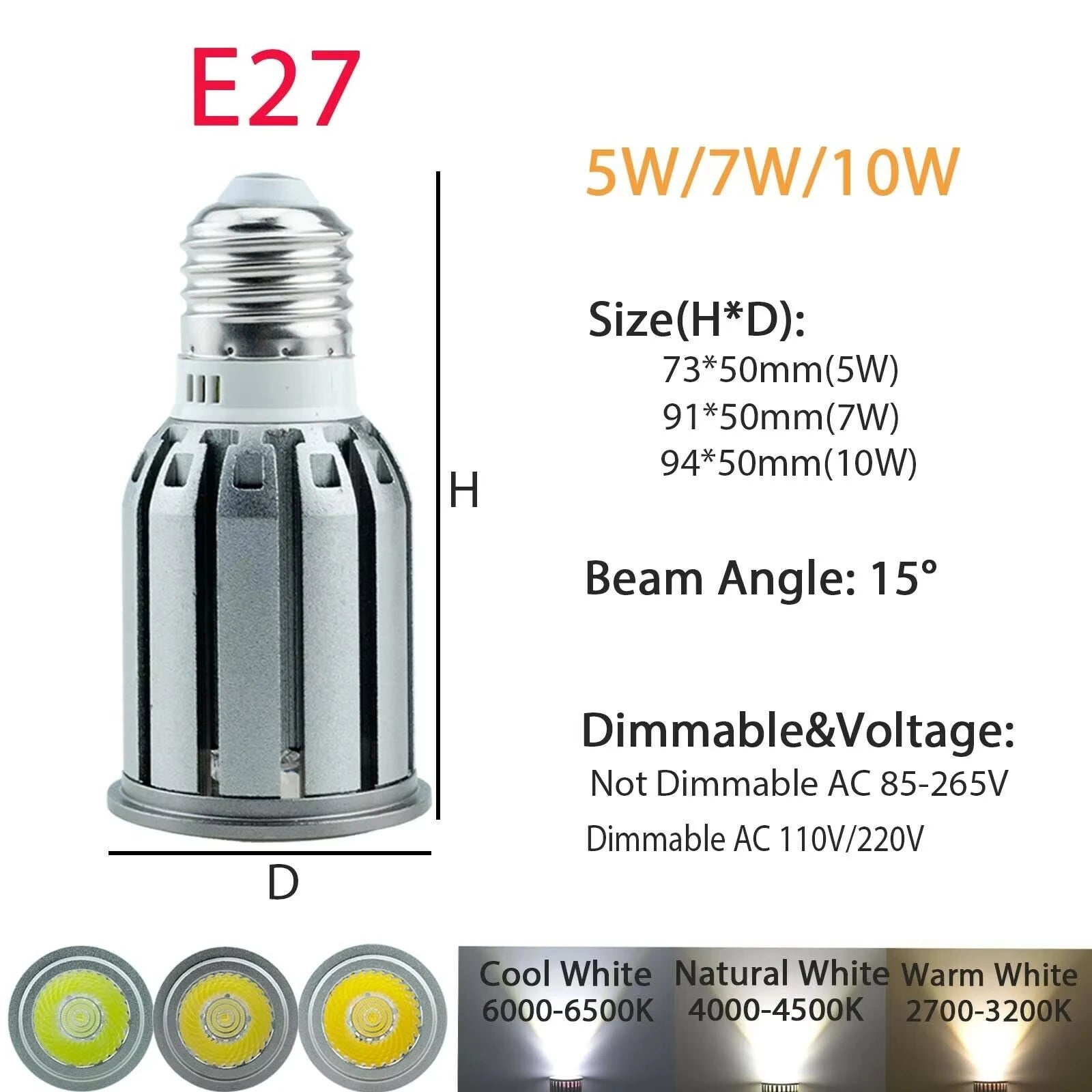 COB LED Spotlight Bulb 5W 7W 10W 15 Degree Epistar Multi Base E26 E12 E14 GU10 B22 Dimmable or Non-Dimmable AC 110V 85-265V Warm Neutral Cool White