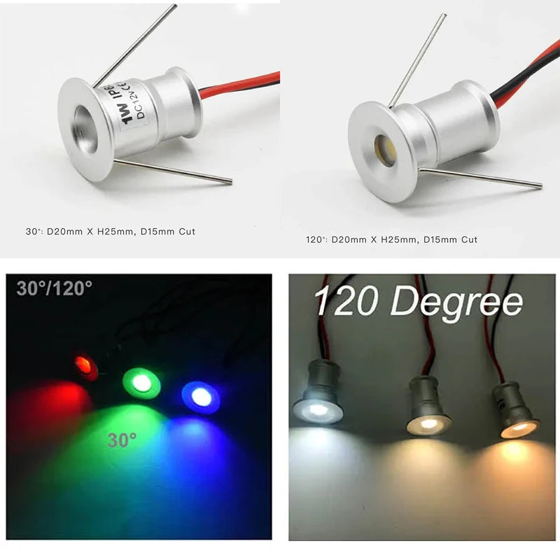 Mini 1W DC12V LED Recessed Spotlight IP65 D20mm 15mm Cutout PWM Dimmable 30° 120° Epistar