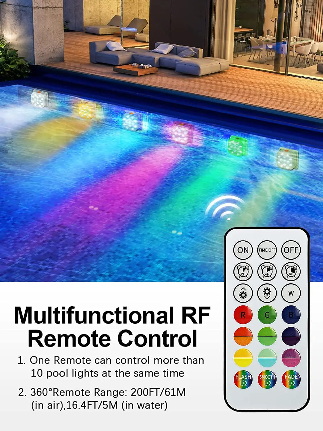 IP68 Rechargeable LED Submersible Pool Light 13 RGBW LEDs 16 Colors RF Remote 200FT Range Timer 2000mAh USB Magnetic Charging 2 Pack
