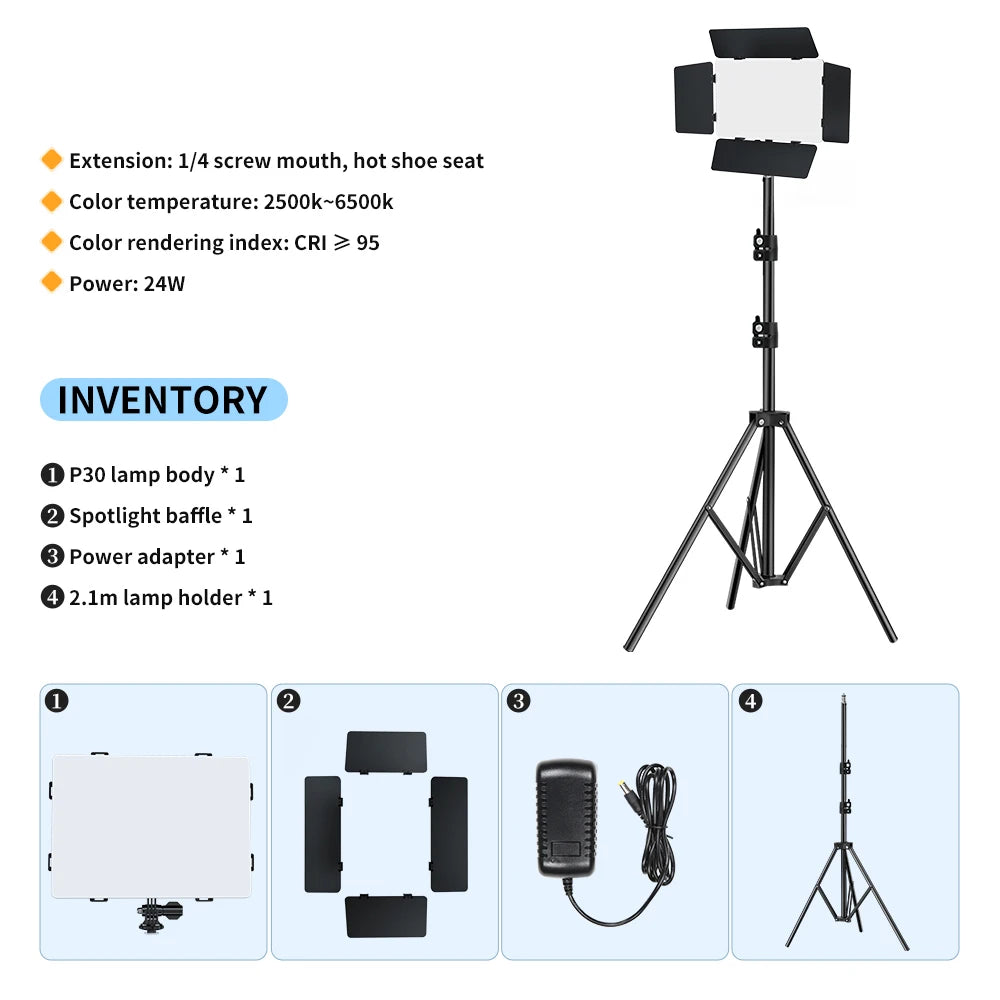 20W Bi-Color LED Video Light 2500-6500K Dimmable 180° Tilt NP-F Battery AC Adapter P30