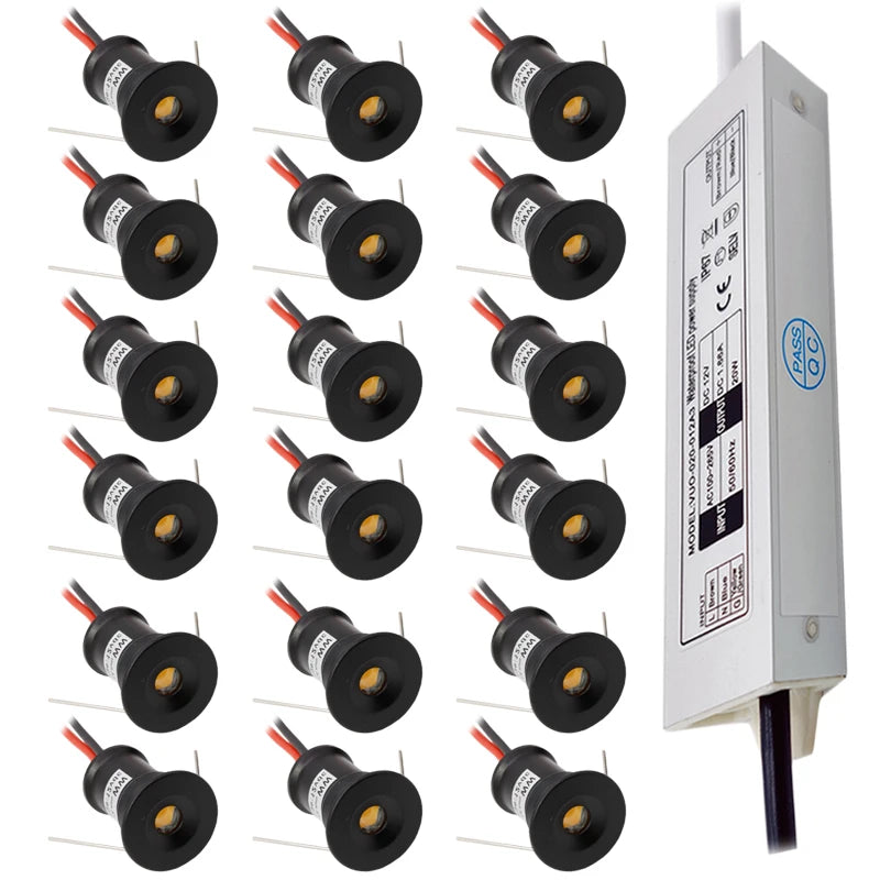 9-18 Pack 1W DC 12V Mini Recessed LED Spotlight Kit IP65 15mm Cutout 30° 120° AC Power Supply