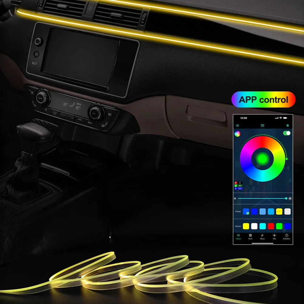 USB RGB LED Car Interior Atmosphere Light Strip 2M 3M APP and Button Control 360 Degree Flexible Neon Ambient Lamp