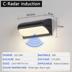 20W IP65 LED Outdoor Wall Lamp Radar Motion Sensor 3-6m AC 85-265V Black ABS Porch Garden
