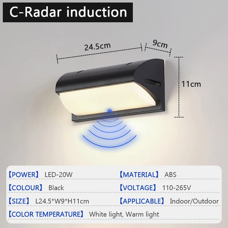 20W IP65 LED Outdoor Wall Lamp Radar Motion Sensor 3-6m AC 85-265V Black ABS Porch Garden