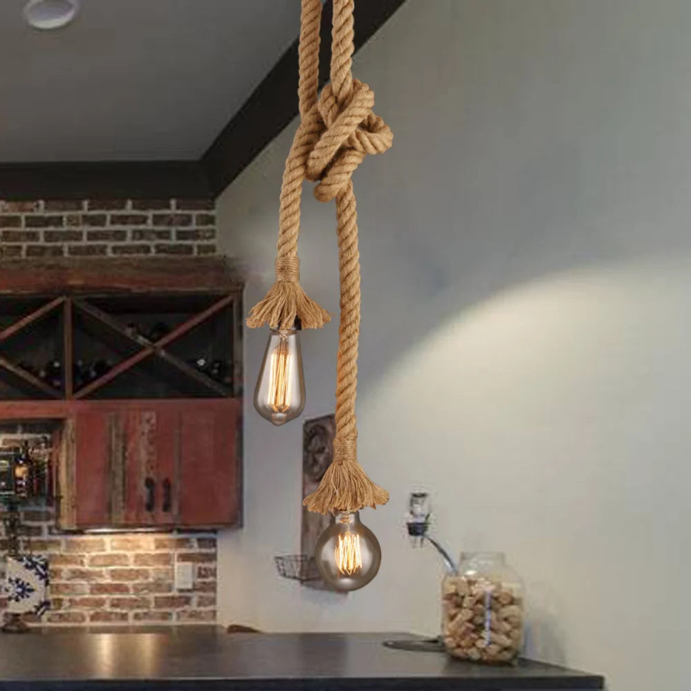 Vintage Hand Knitted Hemp Rope Pendant Light E26 Single and Double Head Cord Pendant AC 90-260V Bedroom Cafe Bar