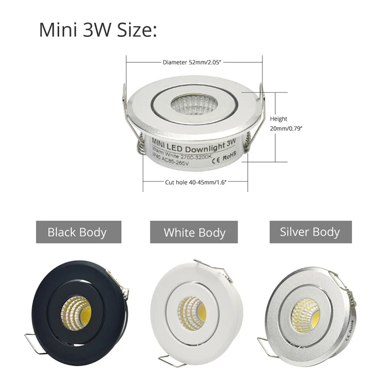 Dimmable COB LED Recessed Downlight 3W 5W 7W 10W 12W Aluminum 60 Degree AC 110-220V Warm White Neutral White Cool White White Silver Black