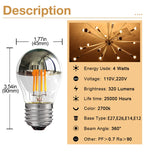 G45 Silver Globe LED Filament Bulb 4W 320lm CRI 90+ 2700K 360° E26 E12 AC 110-240V 6-Pack