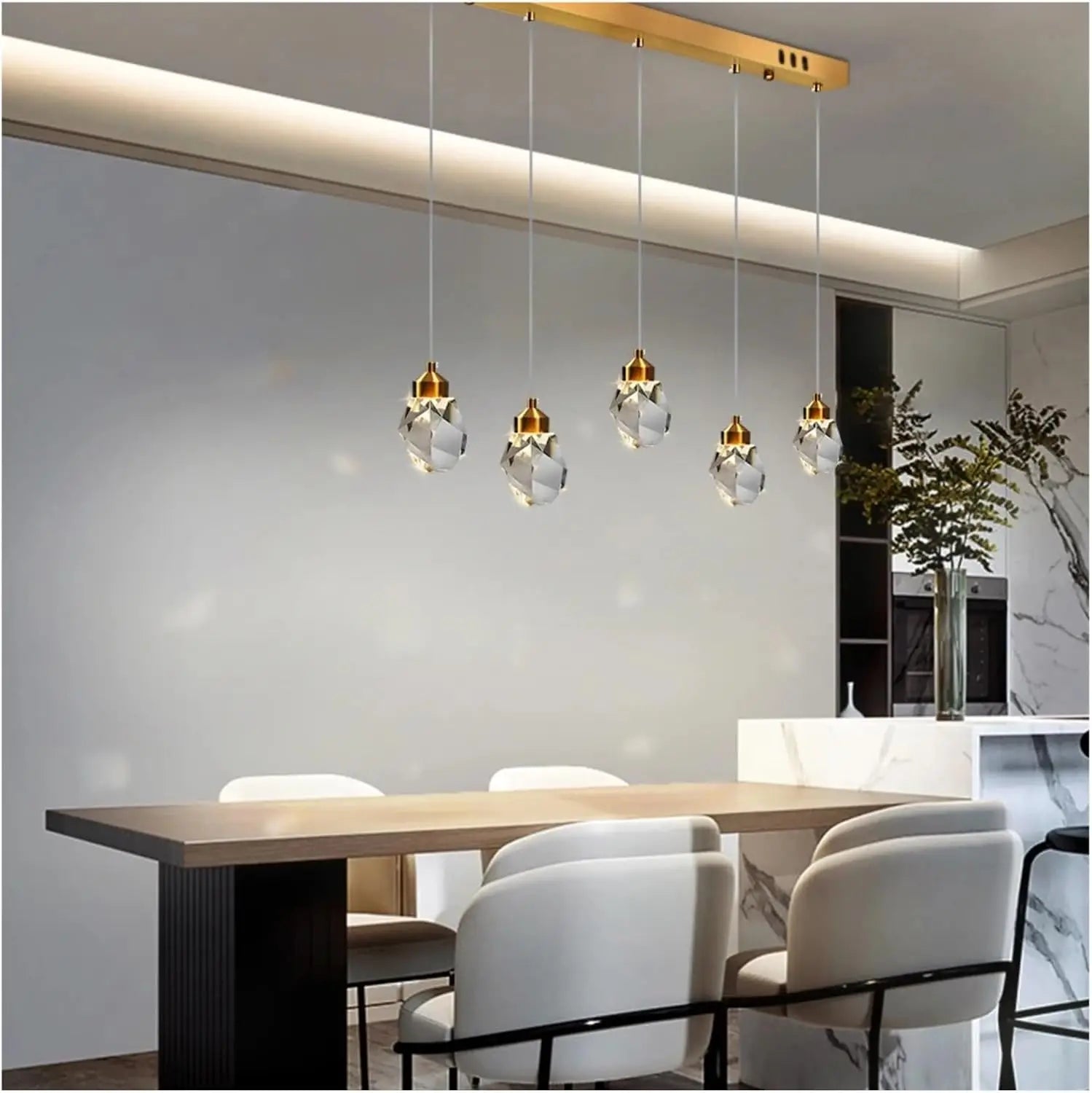 Modern Crystal Raindrop LED Chandelier Pendant Light 5 Head Gold Aluminum Cord Pendant AC 90-260V Living Room Dining Room