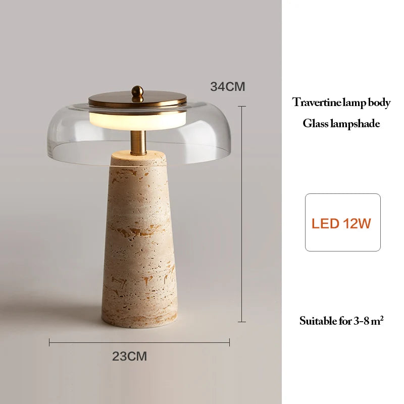 Mushroom Travertine Natural Stone Table Lamp 12W LED Glass Acrylic Shade AC 85-265V