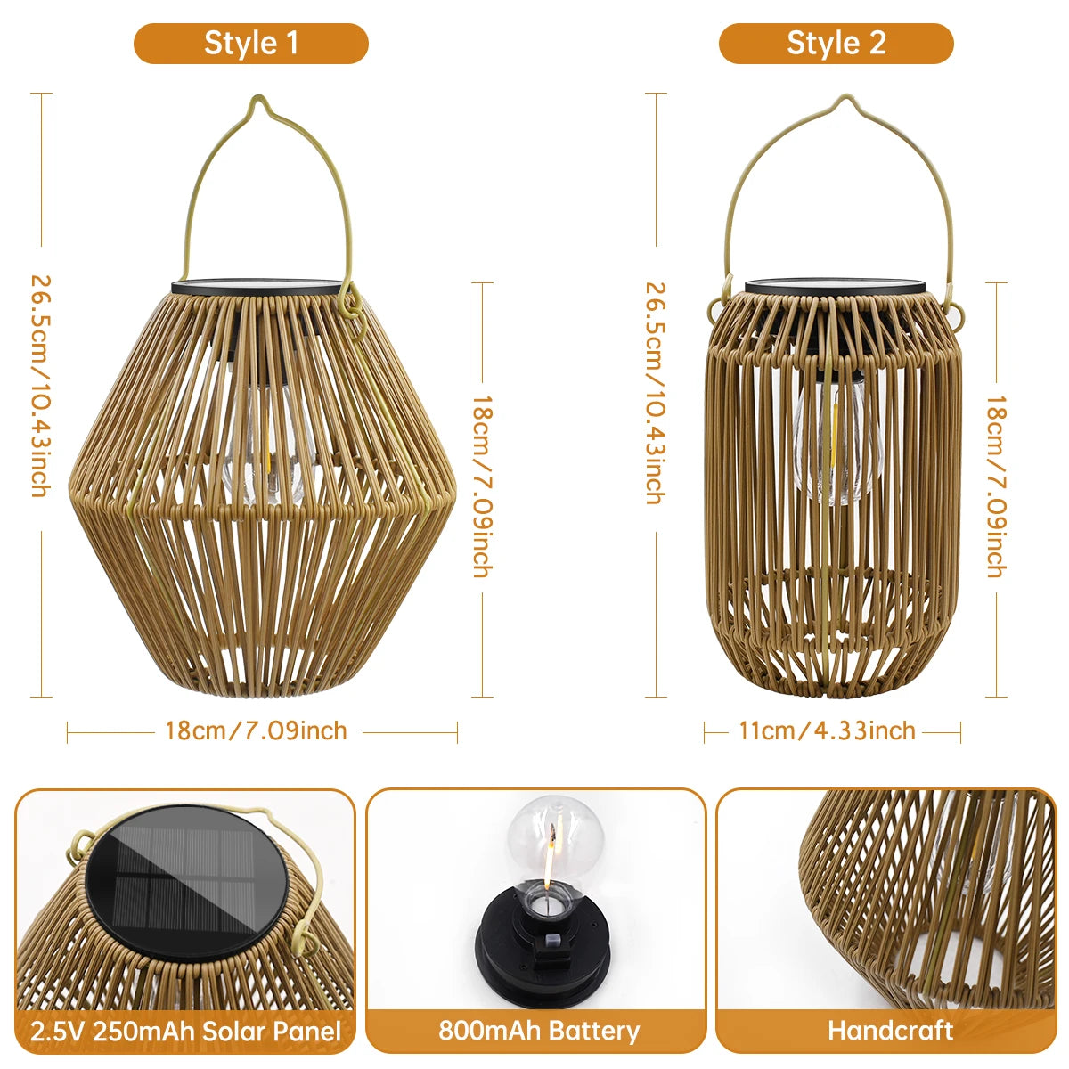 Solar Rattan Bamboo Hanging Lantern IP65 Auto Dusk-Dawn 800mAh Warm White Garden Patio