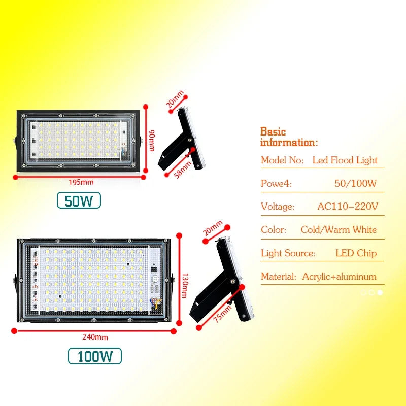 LED Flood Light 50W 100W SMD2835 CRI 85+ 180° IP65 AC 110-220V Warm Cool White