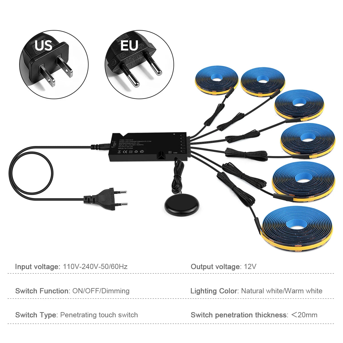 COB LED Strip Kit 8mm Black PCB 100-300cm Touch Dimmer Through-Wood AC 100-240V DC 12V