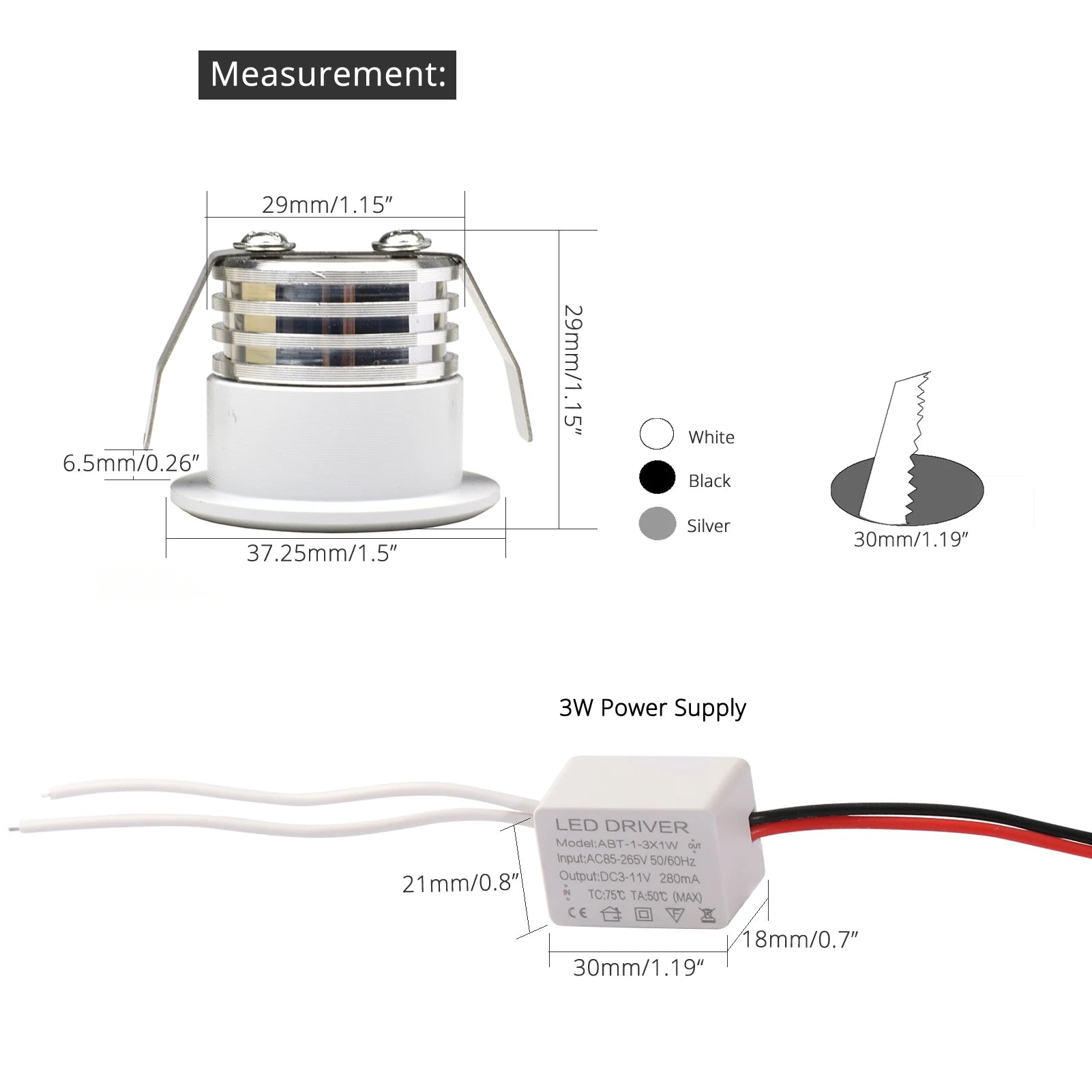 Mini COB LED Recessed Spotlight 3W 270lm D37mm 29mm Cutout AC 90-260V Dimmable 10 Pack