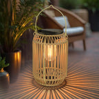 Solar Rattan Bamboo Hanging Lantern IP65 Auto Dusk-Dawn 800mAh Warm White Garden Patio