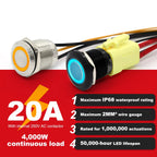 IP68 Waterproof Stainless Steel Push Button Switch 19mm 22mm 20A Momentary LED 12V 24V 110V 220V 4 Pin 20cm Wire 5 Colors