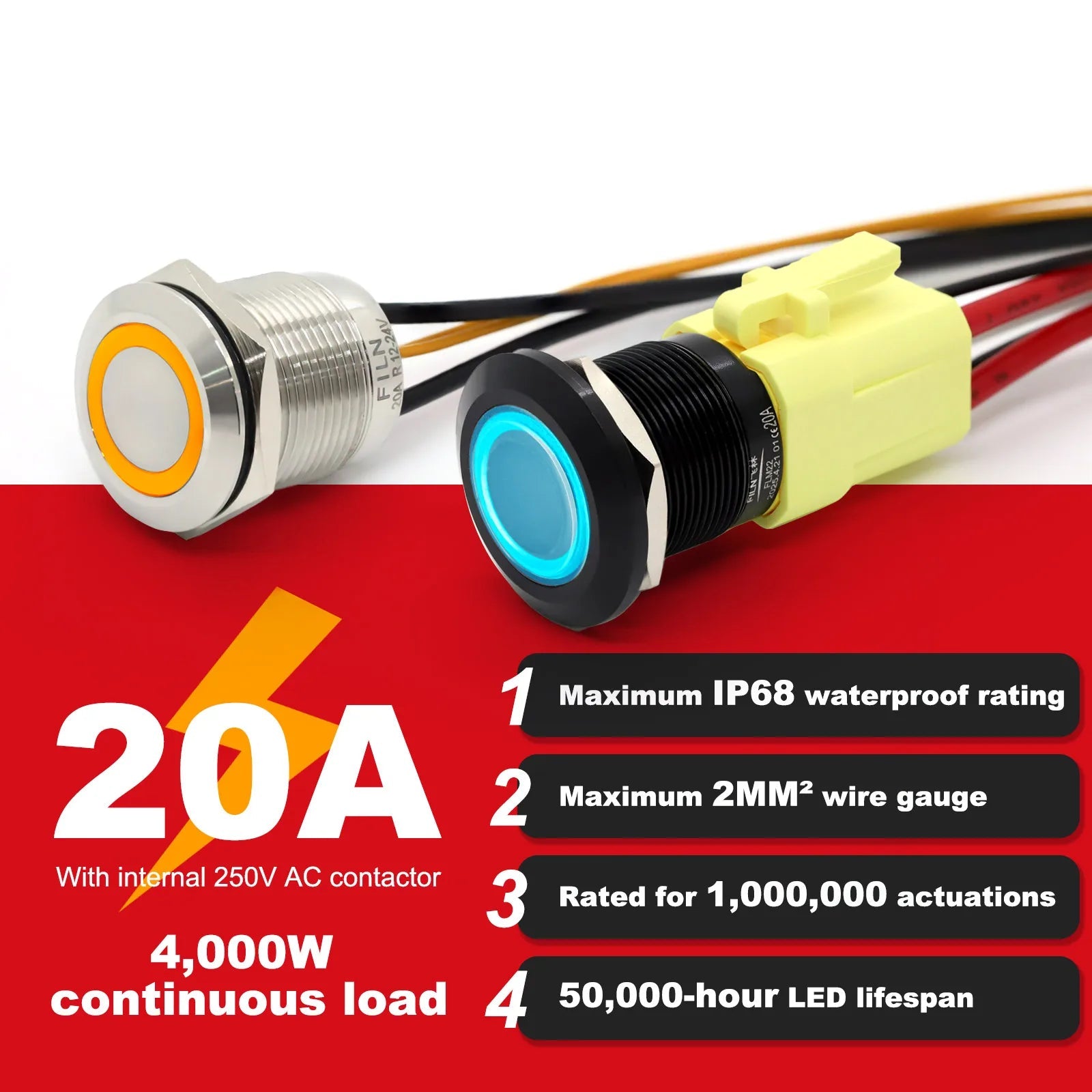 IP68 Waterproof Stainless Steel Push Button Switch 19mm 22mm 20A Momentary LED 12V 24V 110V 220V 4 Pin 20cm Wire 5 Colors