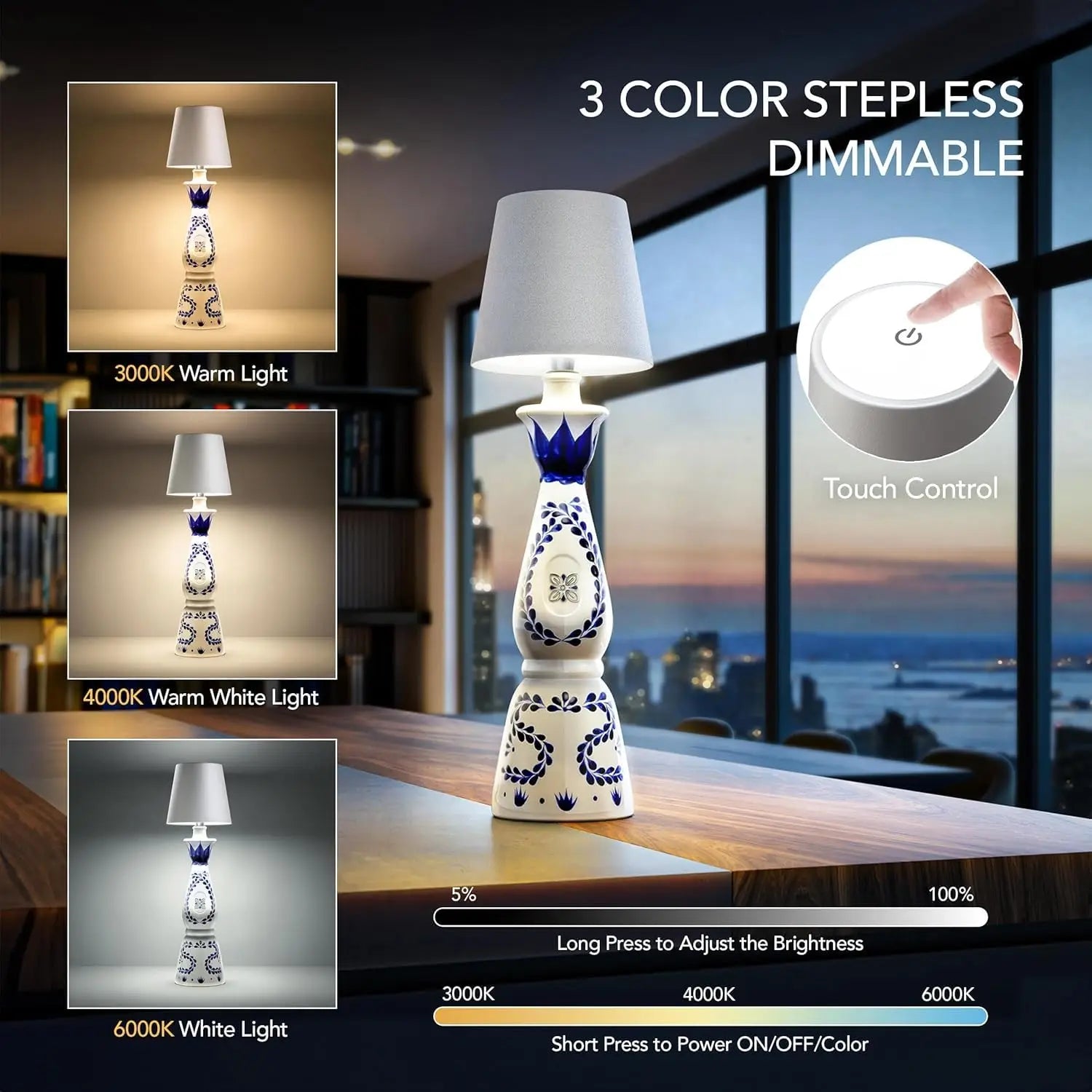 USB Rechargeable LED Table Lamp 5W Touch Control 3 Color Temperatures Stepless Dimming IP54 ABS Acrylic 1200mAh Bar Restaurant Camping