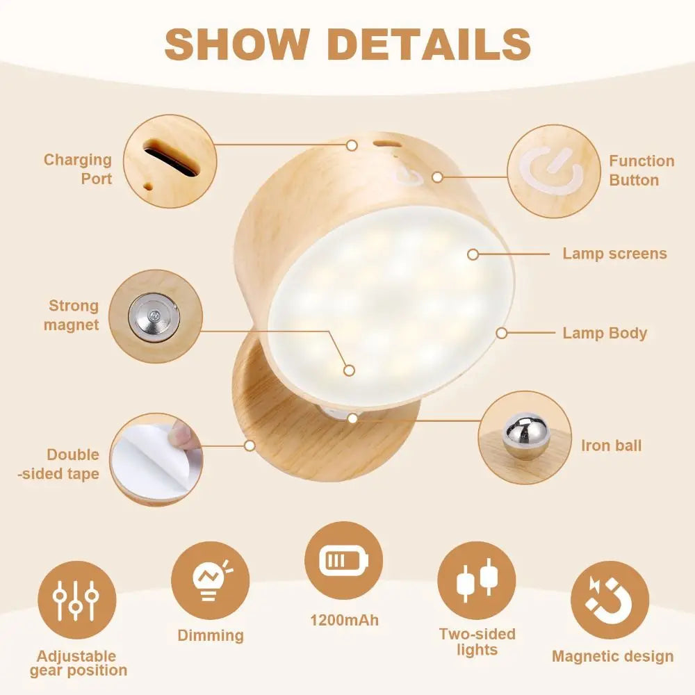 USB Rechargeable Magnetic LED Wall Lamp 360 Degree Rotating Touch Dimmable 4000K ABS Wood Grain Battery Powered Cordless Sconce