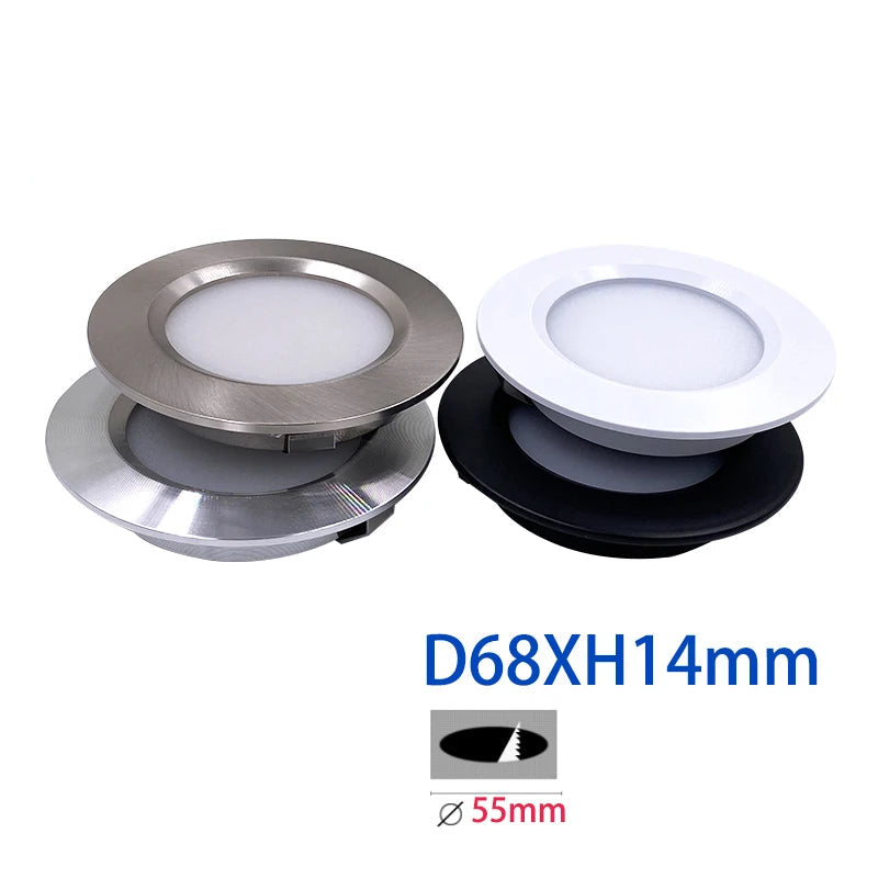 Ultra Thin IP52 LED Recessed Downlight 3W 5W DC 12V 24V 55mm Cutout 120 Degree PWM Dimmable Aluminum Kitchen Ceiling Cabinet Spotlight