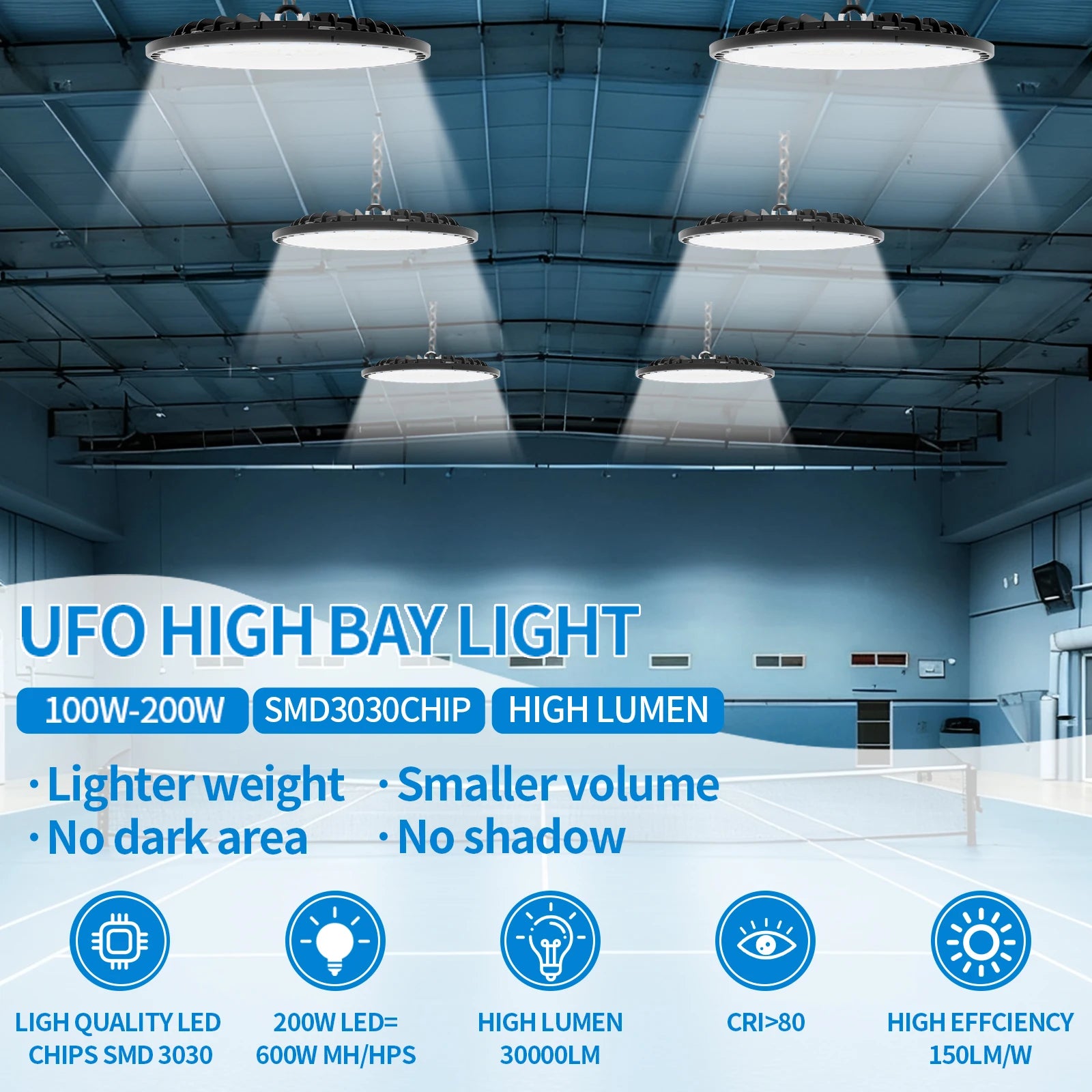 4-Pack UFO LED High Bay Light 100W 200W 30,000lm 5000K 120° IP65 AC 85-265V Warehouse