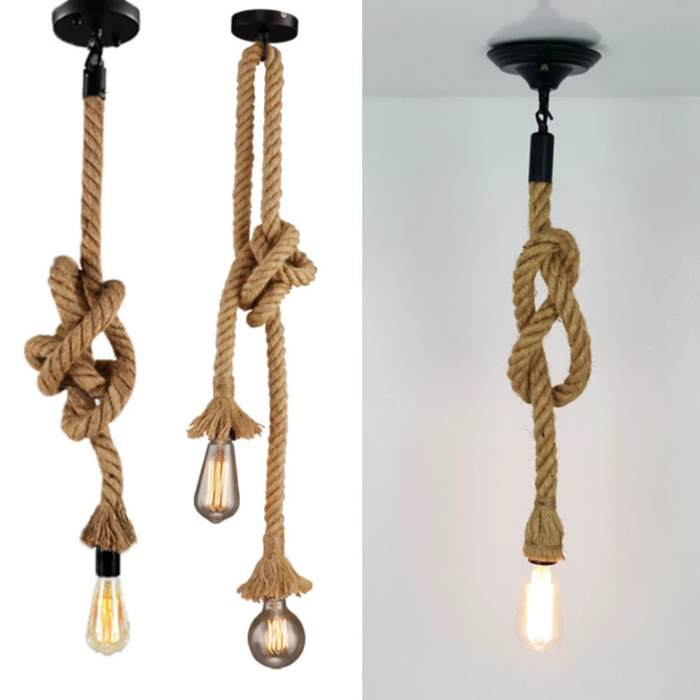 Vintage Hand Knitted Hemp Rope Pendant Light E26 Single and Double Head Cord Pendant AC 90-260V Bedroom Cafe Bar