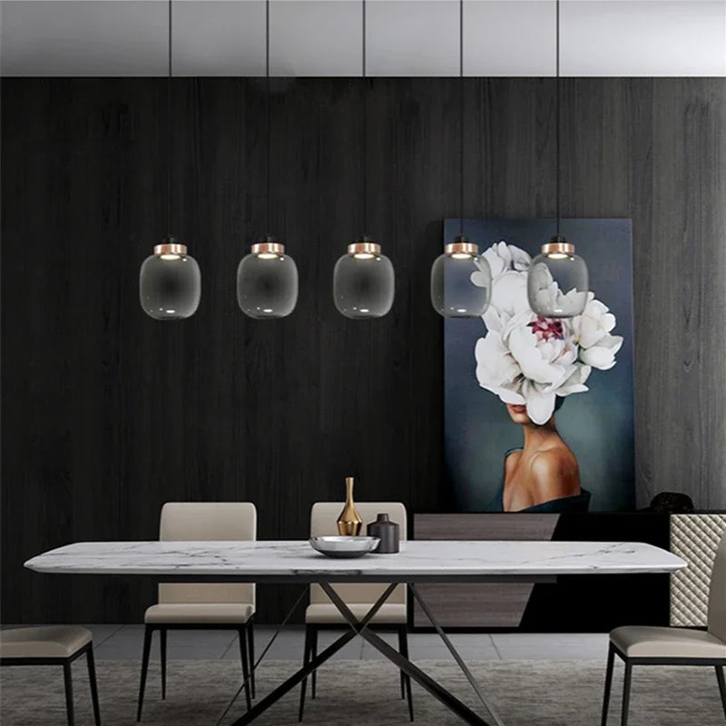 Nordic Minimalist Glass Pendant Light Iron Smoky Gray Gold AC 90-260V Bedroom Study Bar