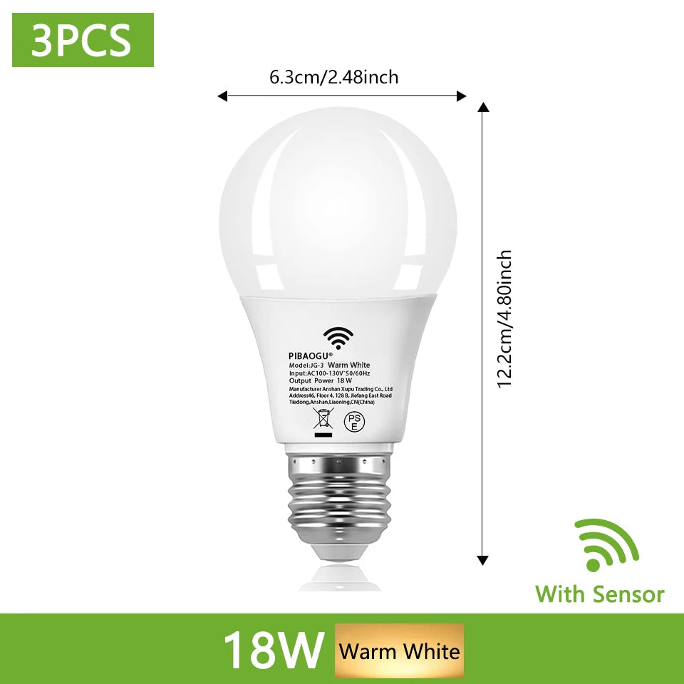 E26 Motion Sensor LED Bulb 18W 360° 3-6m Detection AC 110V Cool Warm White 3-Pack