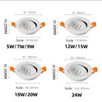 Dimmable 360-Degree Rotating COB LED Downlight 7W 9W 12W 15W 18W 20W 24W CRI 92+ 85-265V