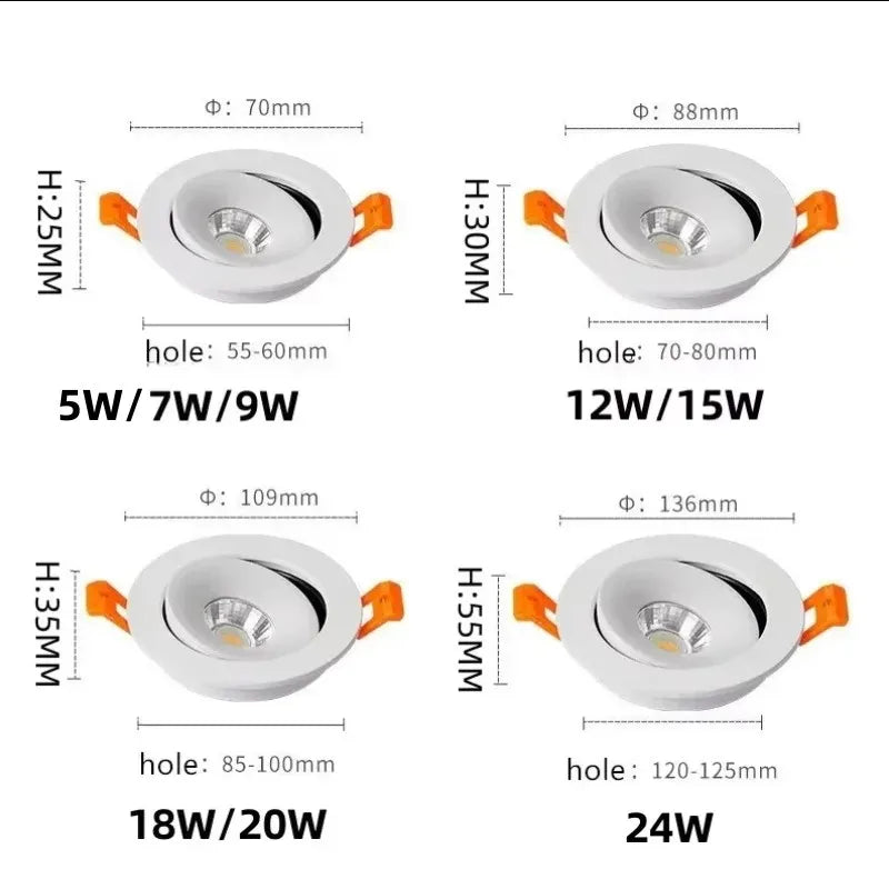Dimmable 360-Degree Rotating COB LED Downlight 7W 9W 12W 15W 18W 20W 24W CRI 92+ 85-265V