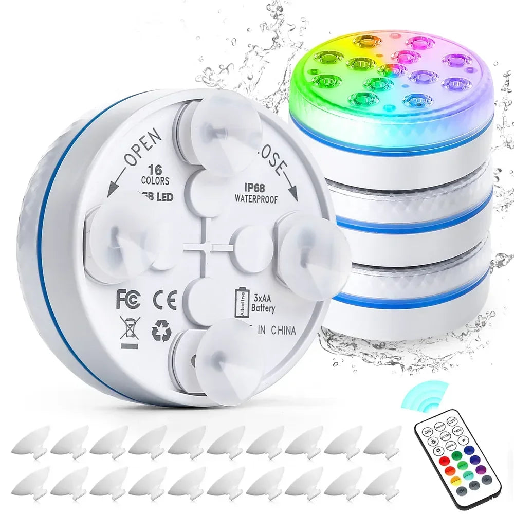 IP68 Submersible LED Pool Light 16 Colors RF Remote Control 4 Suction Cups Magnet Mount ABS Battery Powered 7cm and 8.5cm