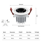 Dimmable Anti-Glare Adjustable Beam COB LED Recessed Downlight 7W 12W CRI 90+ 85-265V