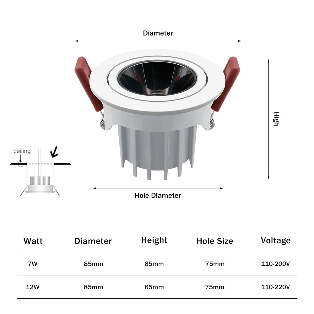 Dimmable Anti-Glare Adjustable Beam COB LED Recessed Downlight 7W 12W CRI 90+ 85-265V
