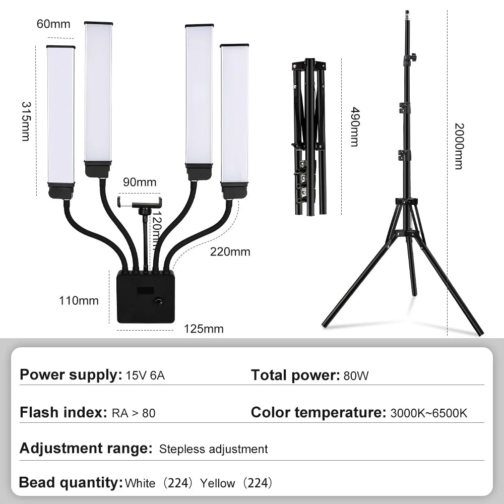 80W LED Beauty Ring Light 448 LEDs 3000-6500K Bi-Color Dimmable Gooseneck Tripod USB Remote
