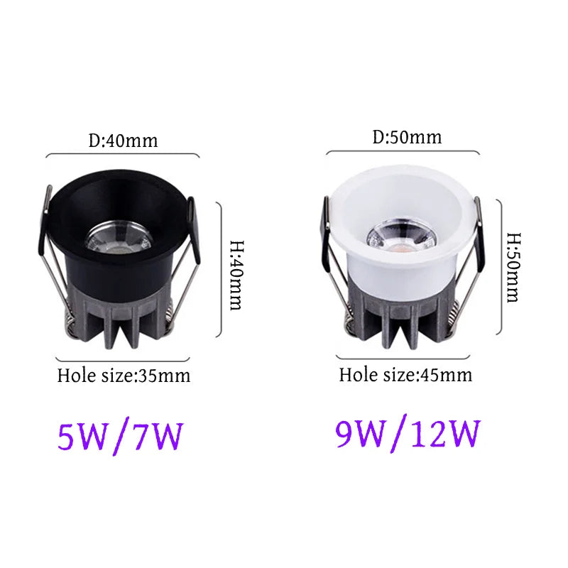 Anti-Glare Dimmable Mini COB LED Recessed Downlight 5W 7W 9W 12W CRI 90+ 110-120lm/W