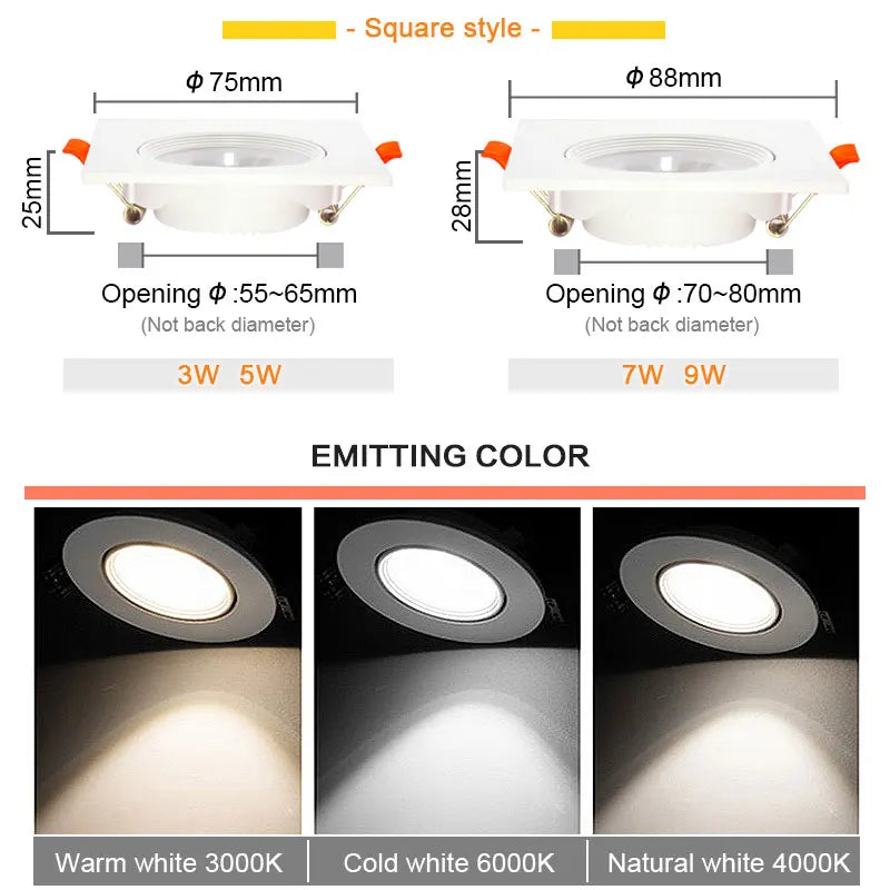Ultra-Thin LED Recessed Downlight 3W 5W 7W 9W 12W Epistar Round Square AC 110-245V 30,000hr