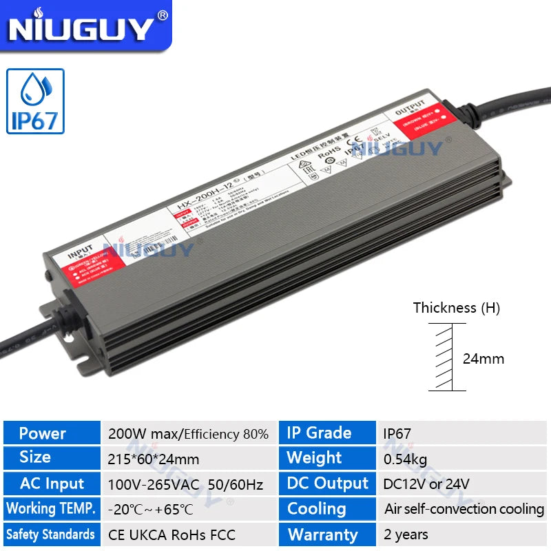 IP67 Ultra-Thin LED Power Supply DC 12V 24V 36W-400W AC 100-265V Flicker-Free EMI Filter