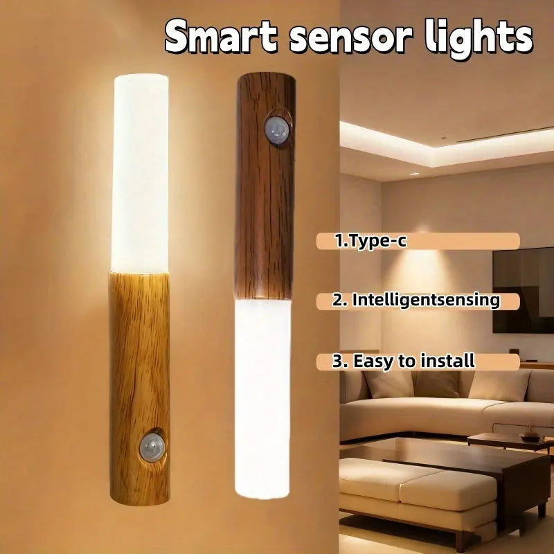 USB Rechargeable Magnetic LED Wall Lamp Motion Sensor 3 Modes 3 Color Temperatures Dimmable ABS Wood Grain Black Dark White Indoor